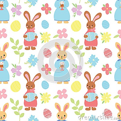 Easter ornament with bunnies and decorative eggs and flowers. Vector Illustration